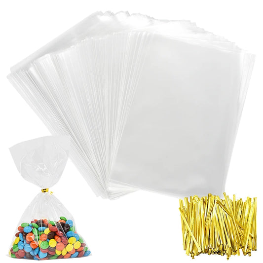 Transparent plastic bags and twist ties for sweets